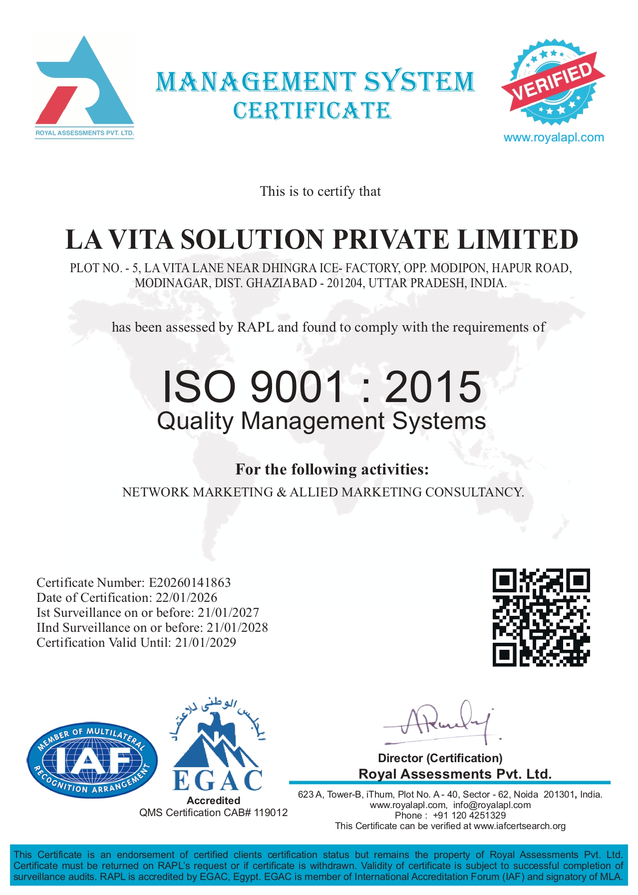 La Vita QMS Certificate